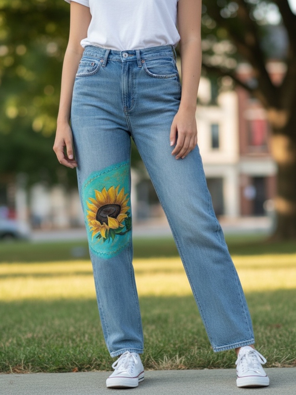 American Eagle Size 4 Mom Jeans Hand Painted Sunflower Boho Art Denim